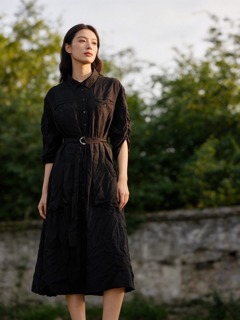 Banana Republic Black Belted Button Front Collared Midi Shirt Dress Size M